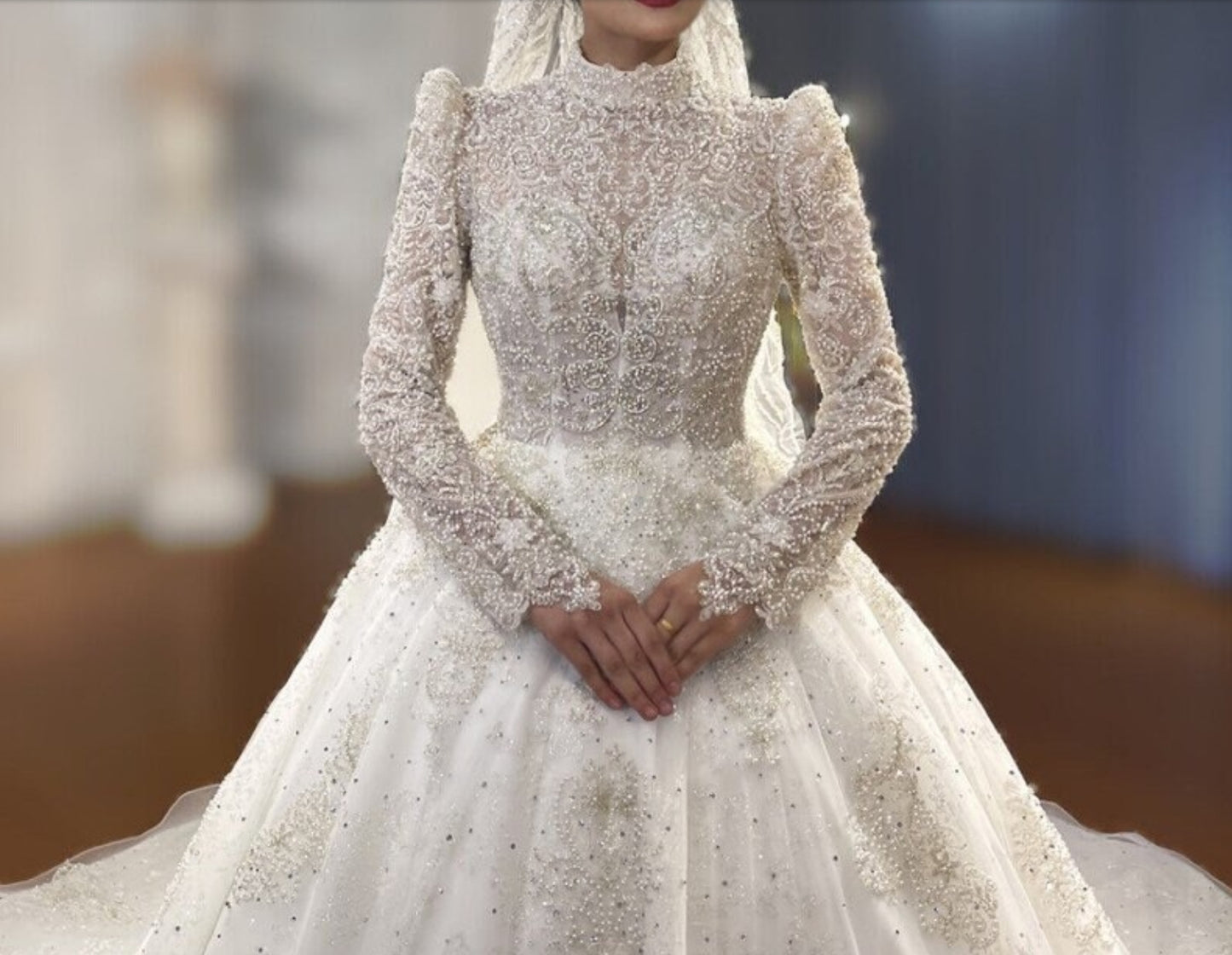 New For 2024 Modest Muslim Dubai Style Gorgeous Shimmering Beaded Sequin High Neck Long Sleeve Bridal Ball Gown