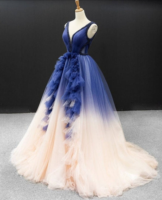 Pleated Tulle And Ruffles Beaded Sequin V Neck Gown