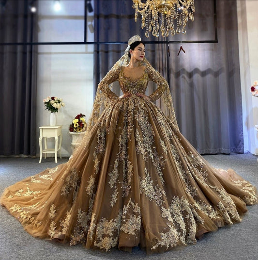 Luxurious Champagne Multi Beaded Floral Lace Full Sleeve Rhinestone Gala Wedding Ball Gown With Matching Veil