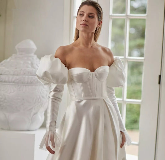 Detached Victorian Era Satin Bicep Puff With Tulle Wrist & Pearl Beaded Button Sleeves