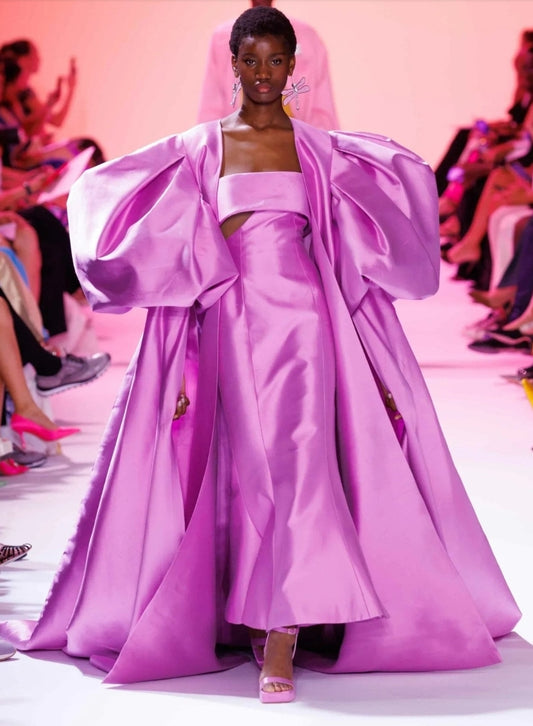 Bold Statement Pleated Floor Length Oversized Puff Sleeve Special Occasion Event Gala Satin Cape Jacket