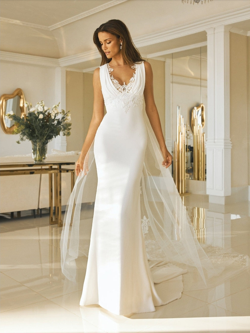 Gorgeous Illusion Beaded Sequin Pleated Sleeveless Gown With Detachable Train