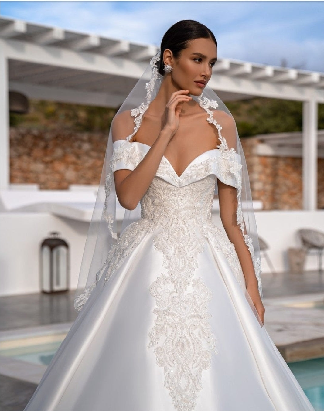 Off The Shoulder Victorian Appliqué Elegance Gown With Detached Beaded Lace & Sequin Over Bolero
