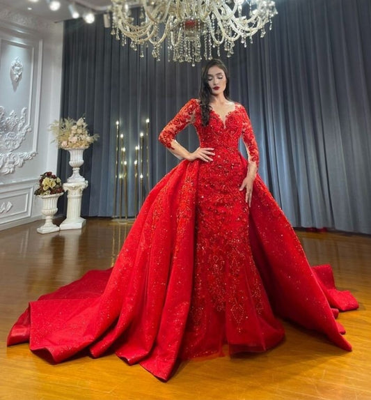 Non Traditional Beautiful Long Sleeve Sequin Beaded Shimmering Red Trumpet Gown With Detachable Train