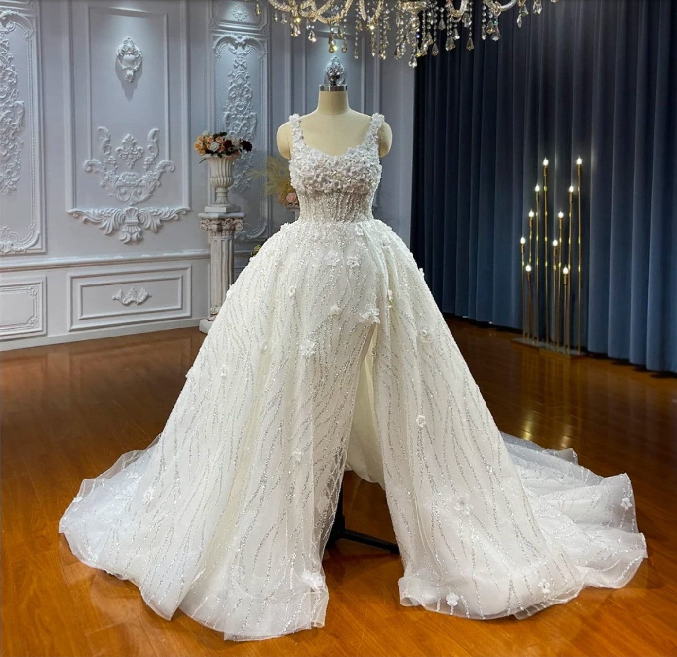 Stunning 2024 Style Floral Beaded 3D Sleeveless Sweetheart Sequinned A-Line Princess Bridal Gown With Split Hem