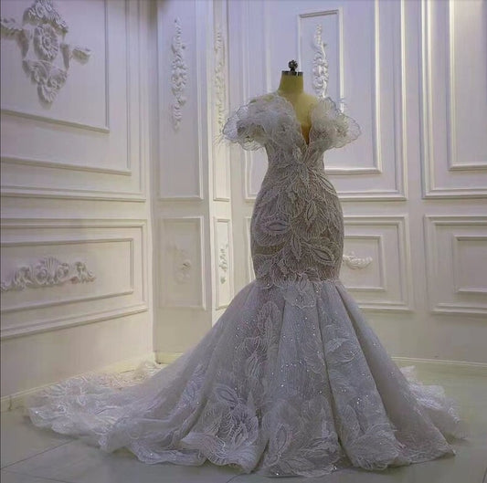 Uniquely Beautiful Floral Lace And Feather Shimmering Lace Up Back Mermaid Gown