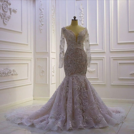 Sheer Long Sleeve Deep V Illusion Shimmering Sparkle Elegant Mermaid Gown