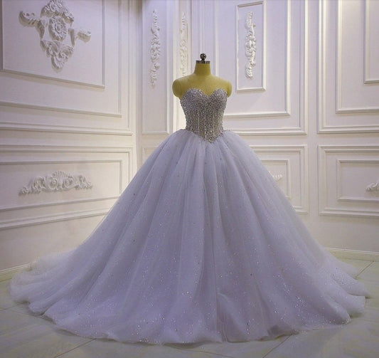 Strapless Sweetheart Crystal Beaded Bodice Shimmering Princess Wedding Ball Gown