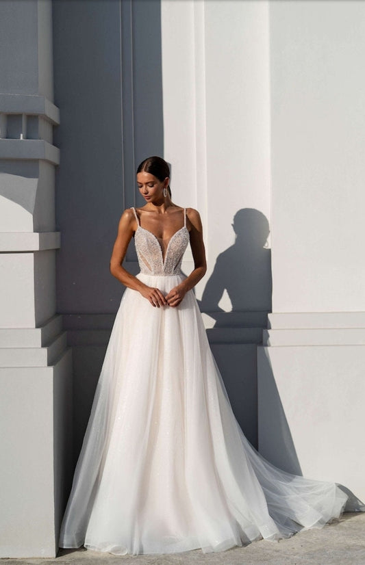 Sleeveless Beaded Sequin Spaghetti Strap & Plunging Illusion Sweetheart Bodice With Cut Out Side Detail A-Line Bridal Gown