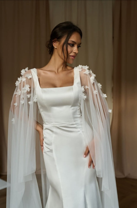 Square Neck Pleated Minimalist Mermaid Gown With Sheer Floral Detailed Flare Sleeves