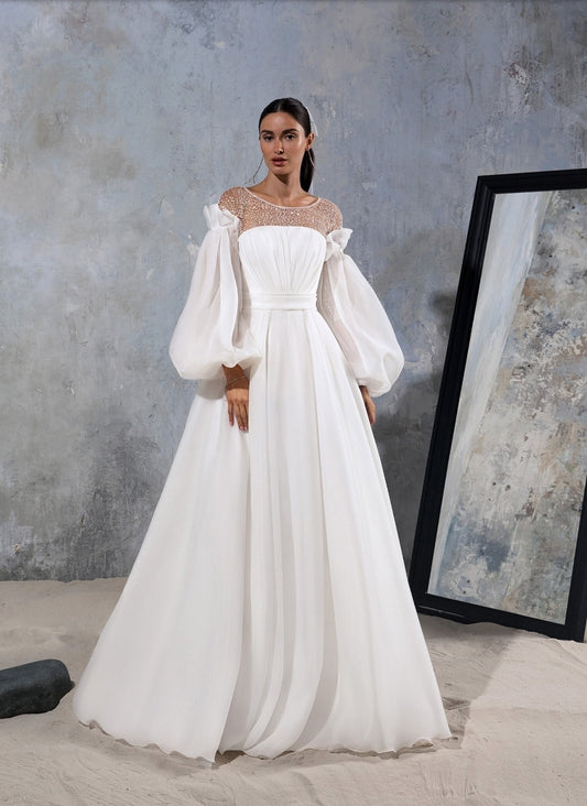 Shimmery Dotted Double Layer 3/4 Sleeve Pleated Bodice Gown
