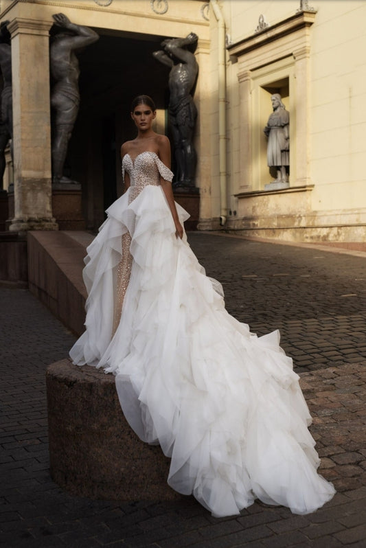 Beautiful Off The Shoulder Sweetheart Full Beaded AndcSequin Sheath Gown With Detachable Layered Frill Train