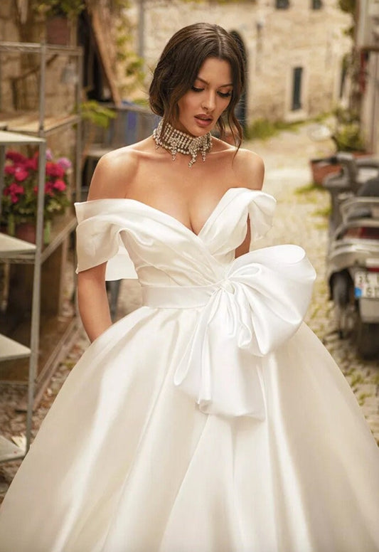 Sweetheart Off The Shoulder Bow Knot Waist Satin Gown