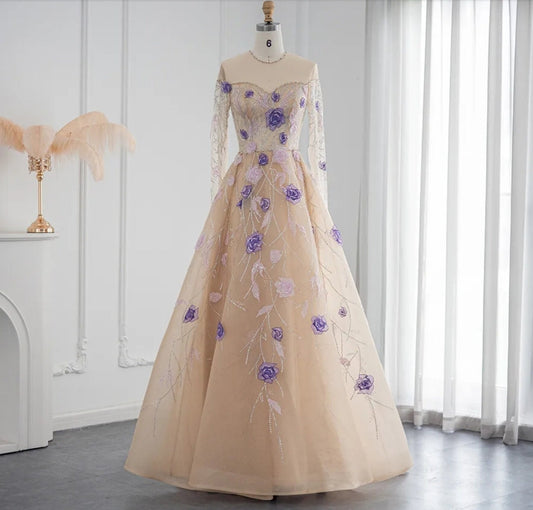 Crystal Beaded Floral Long Sleeve Illusion Sweetheart Mother Of The Bride Special Occasion Gown