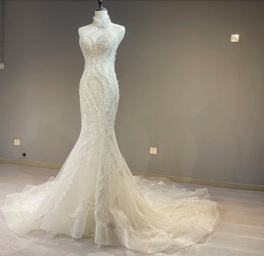 Beautiful Sexy & Elegant Multi Beaded Halter Neck Fit And Flare Mermaid Bridal Gown