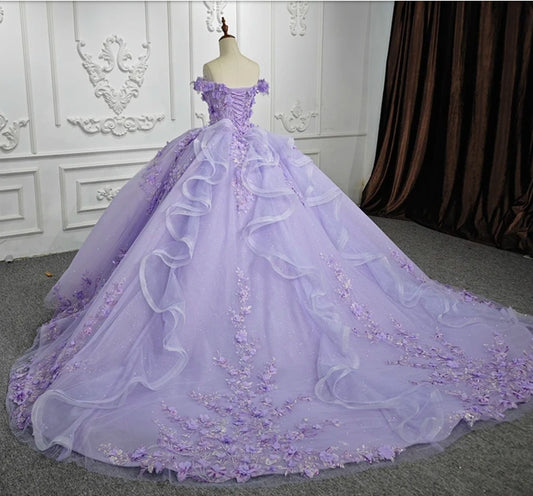 Shimmering Purple 3D Floral Appliqué Sweetheart Off The Shoulder Quinceañera, Bat Mitzvah, Special Occasion, Sweet 16, Pageant Event Gown