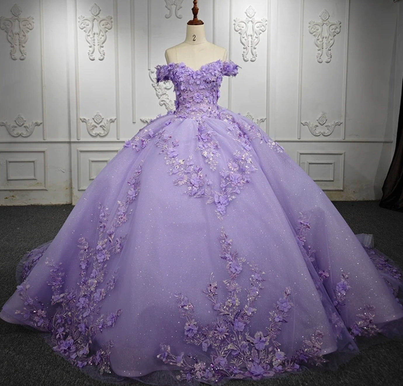 Shimmering Purple 3D Floral Appliqué Sweetheart Off The Shoulder Quinceañera, Bat Mitzvah, Special Occasion, Sweet 16, Pageant Event Gown