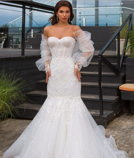 Strapless Beaded & Sequin Floral Mermaid Gown With Detached Floral Sleeves