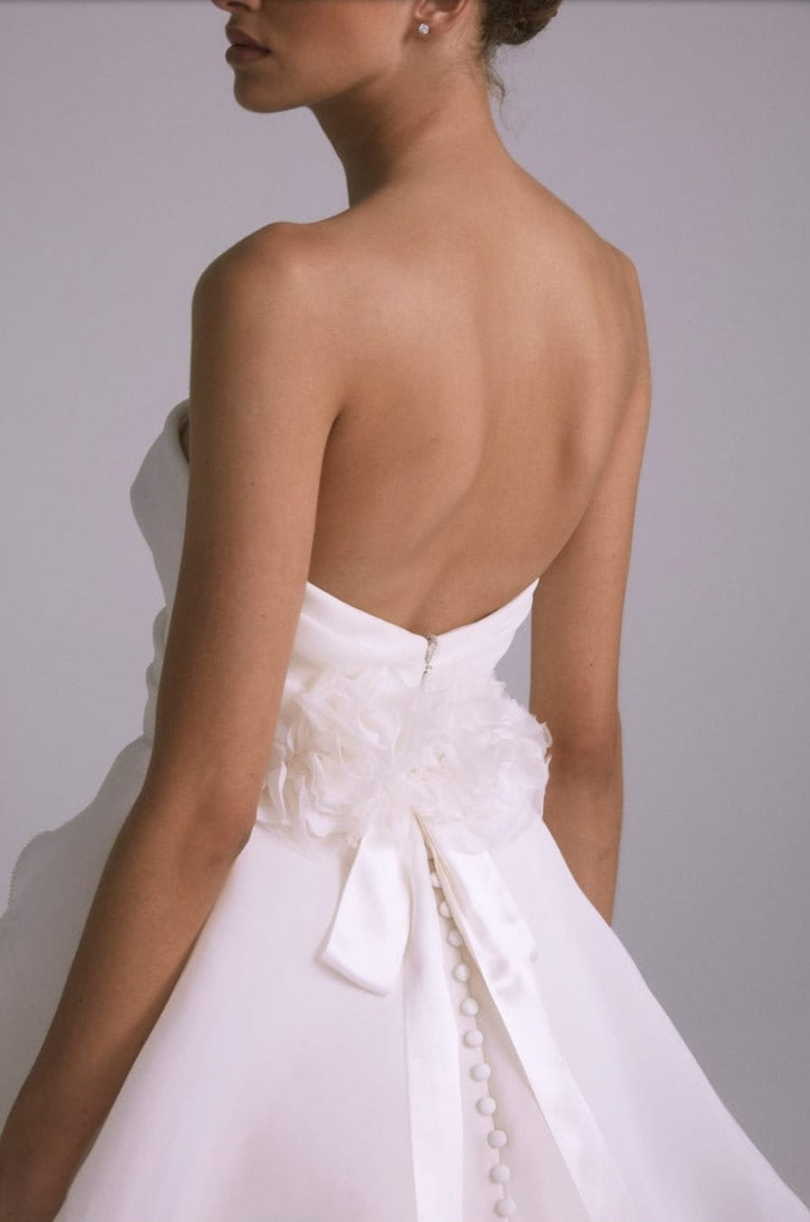 Boat Neck Pleated & Ruffled Asymmetrical Layered Gown With Floral Back Accents