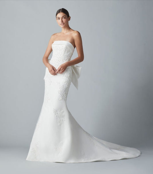 Strapless Folded Boat Neck Floral Embroidered Beaded Trumpet Gown With Detachable Bow