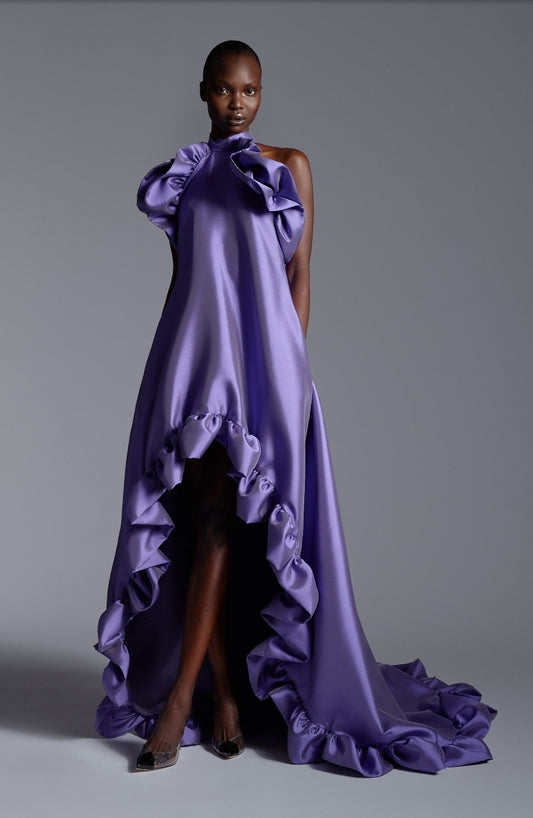 Satin Halter Ruffled Trim High Low Asymmetrical Gown