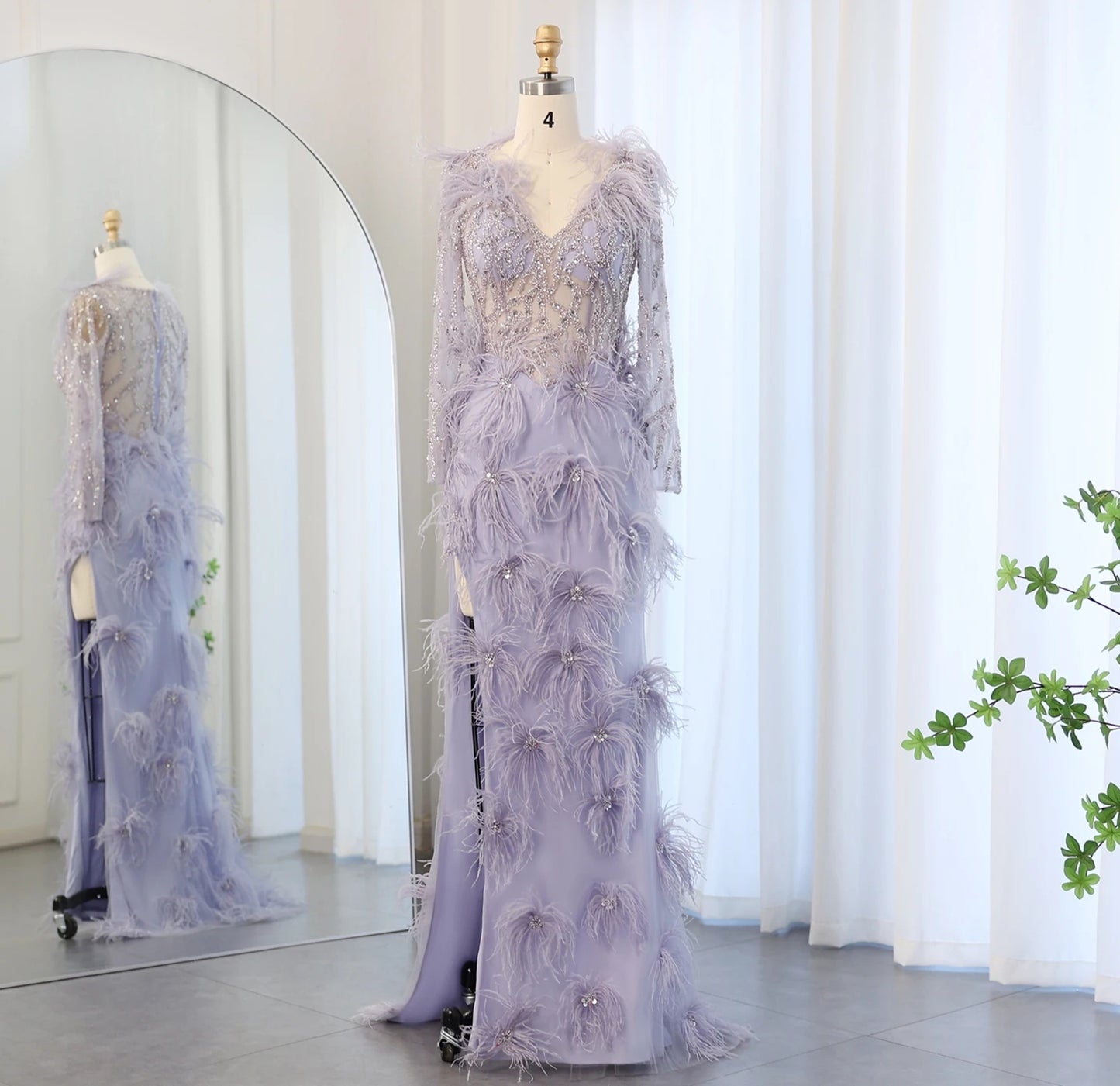 Long Sleeve Multi Beaded Scattered Feather Mother Of The Bride,  Special Occasion V Neck Purple Gown