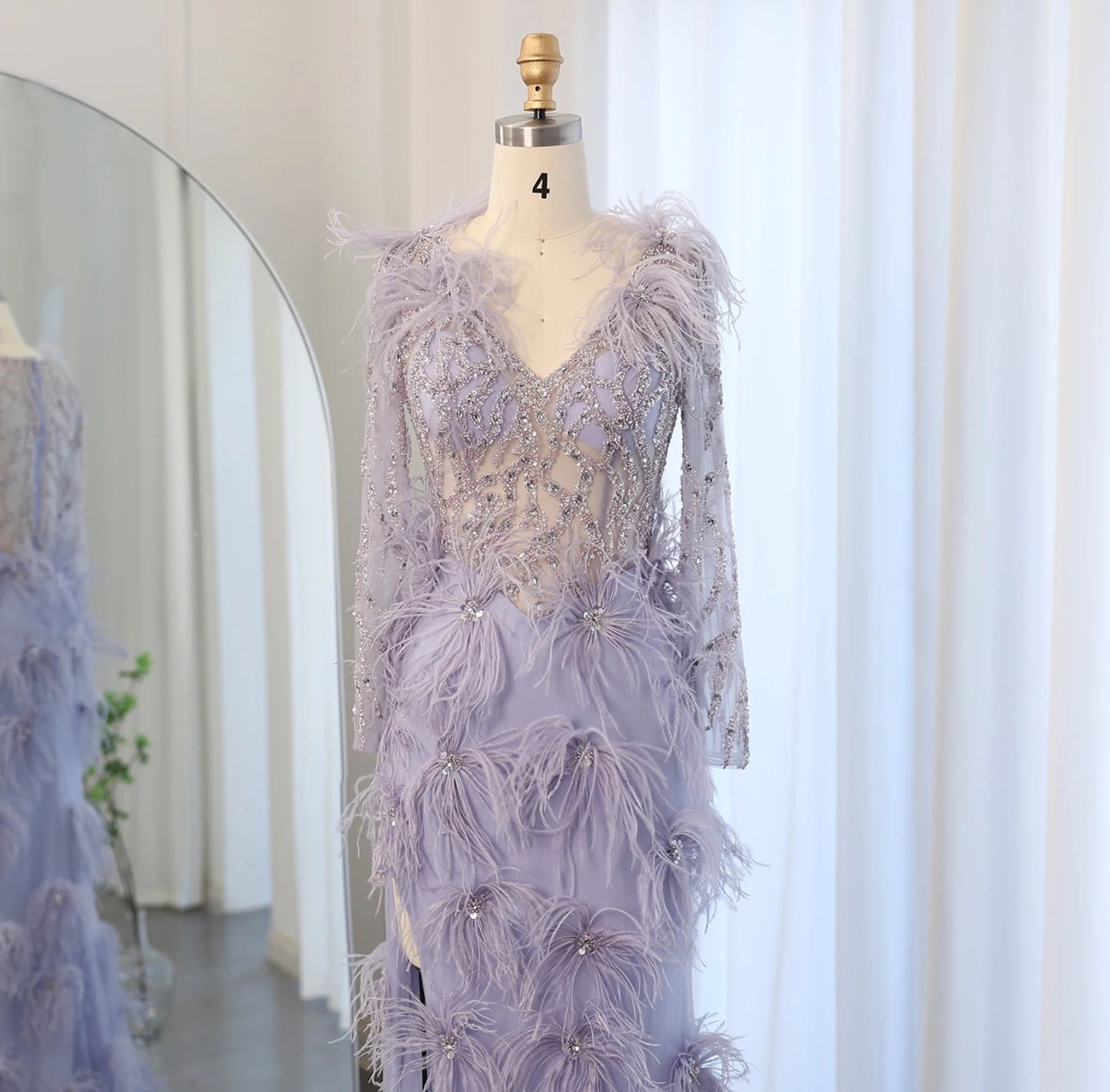 Long Sleeve Multi Beaded Scattered Feather Mother Of The Bride,  Special Occasion V Neck Purple Gown