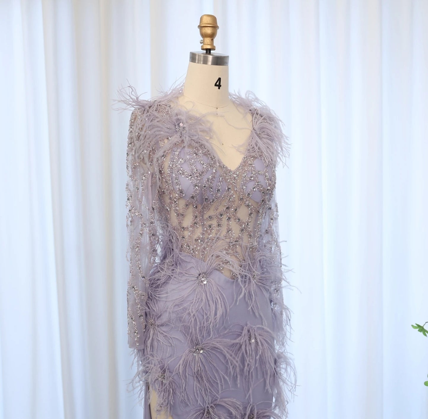 Long Sleeve Multi Beaded Scattered Feather Mother Of The Bride,  Special Occasion V Neck Purple Gown