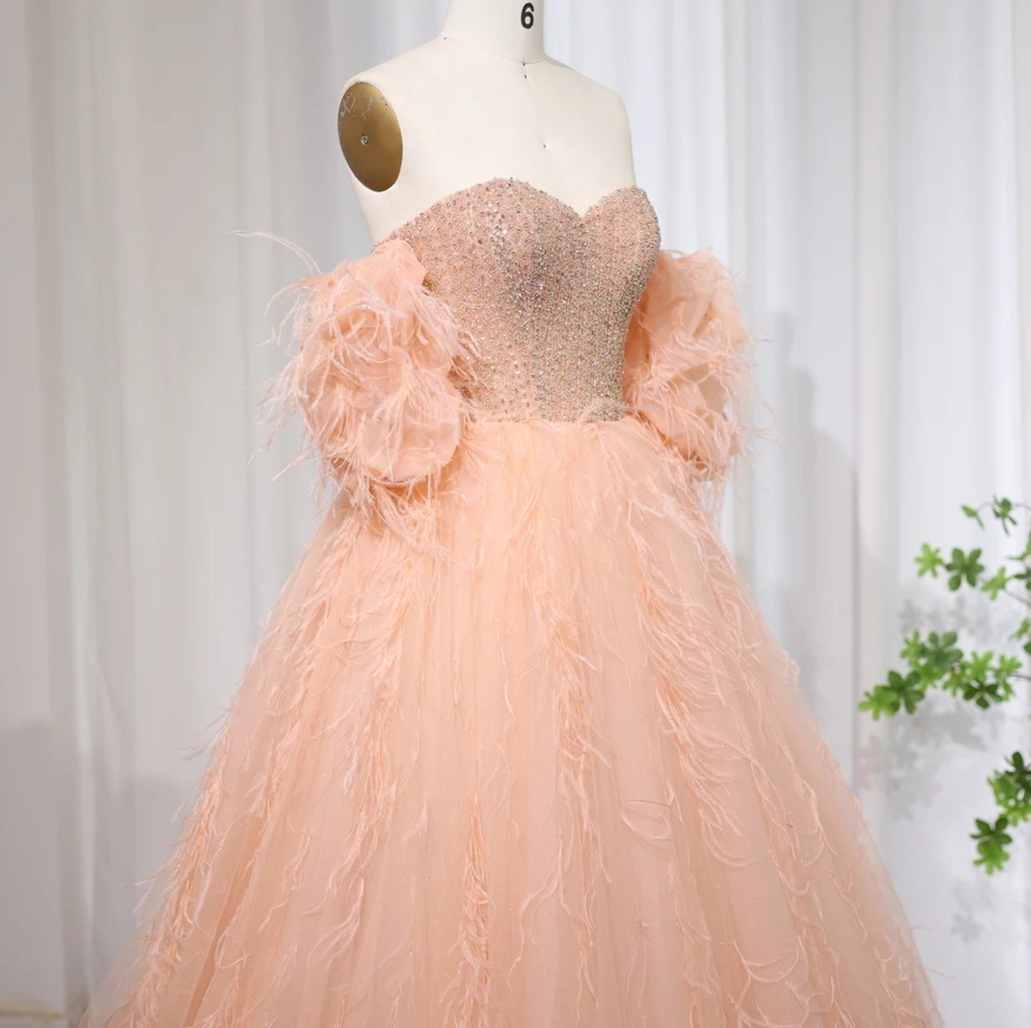 Sweetheart Off The Shoulder Beaded Bodice Feather Scattered A-Line Special Occasion Gown