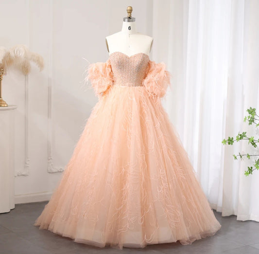 Sweetheart Off The Shoulder Beaded Bodice Feather Scattered A-Line Special Occasion Gown