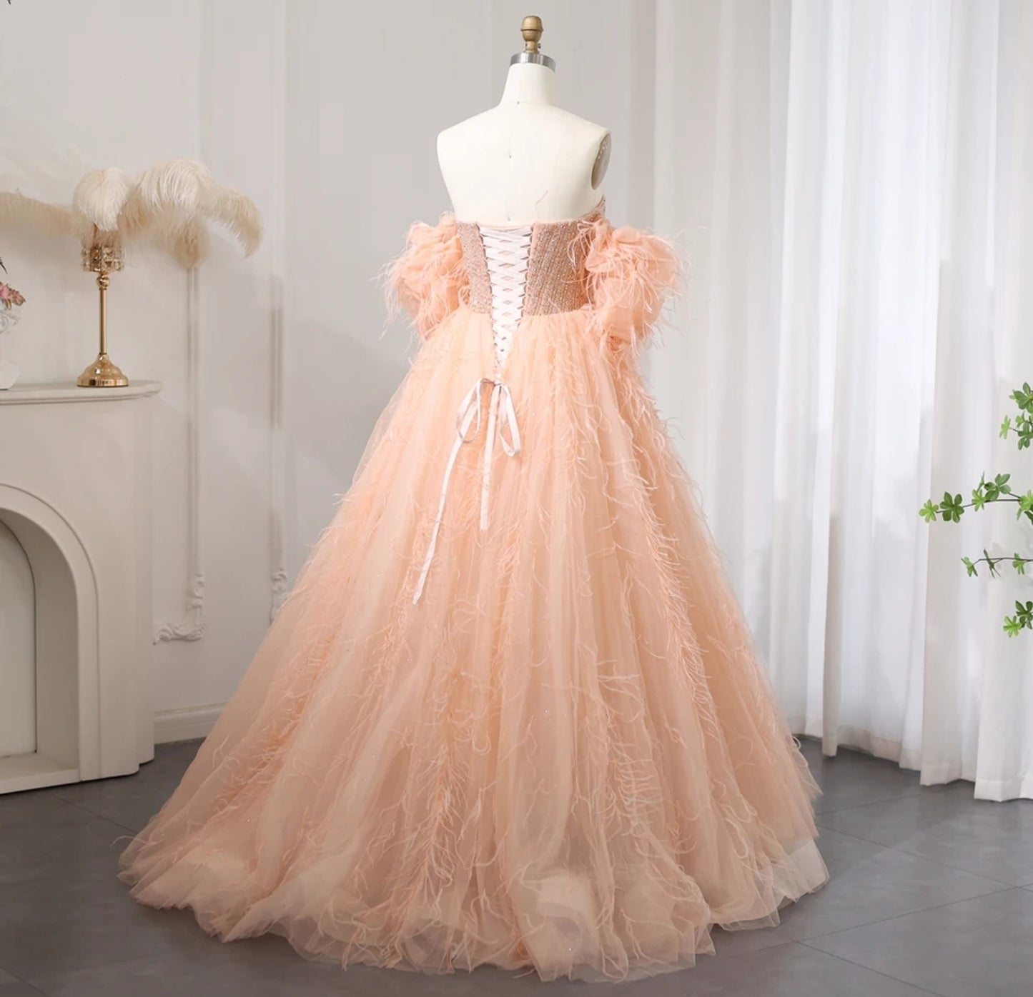 Sweetheart Off The Shoulder Beaded Bodice Feather Scattered A-Line Special Occasion Gown