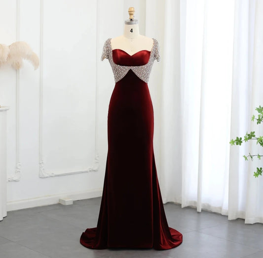 Multi Beaded Burgundy Red Velvet Sweetheart Cap Sleeve Trumpet Mother Of The Bride, Special Occasion Gown