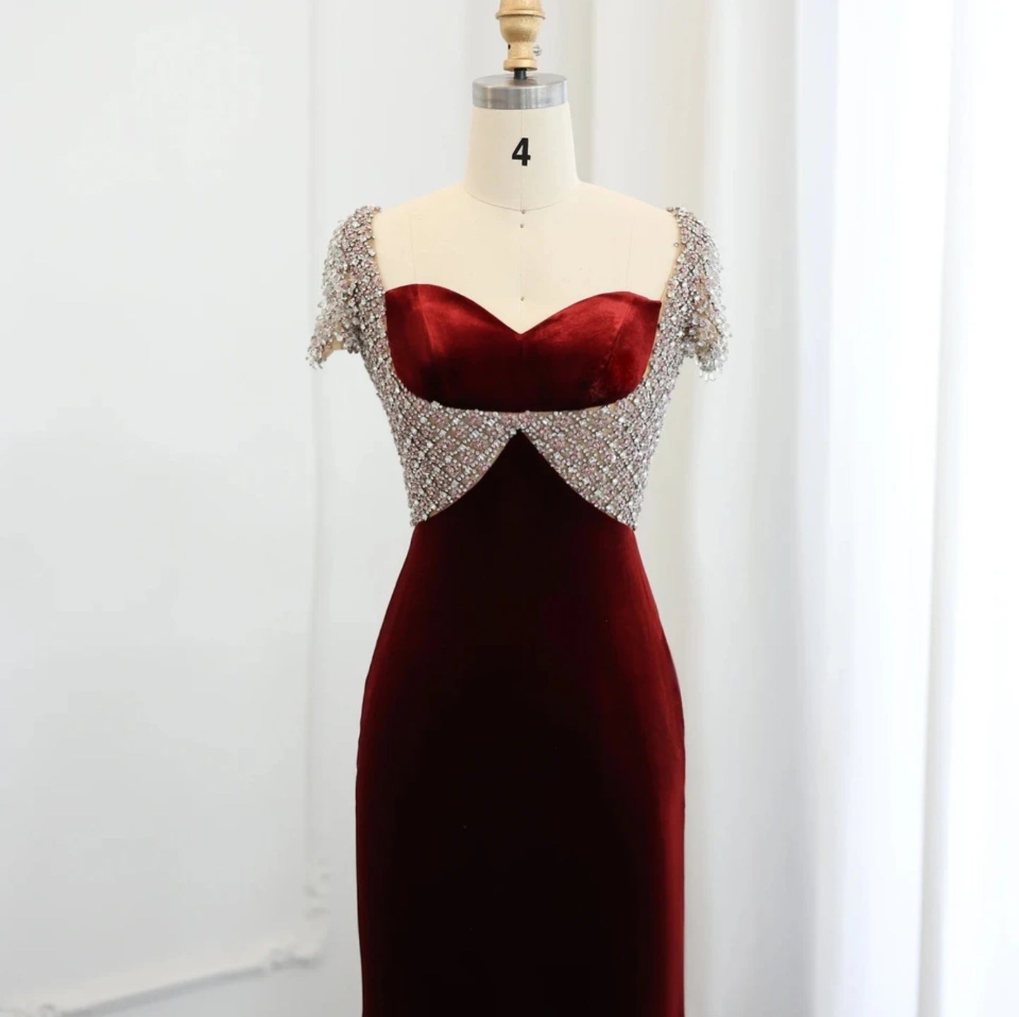 Multi Beaded Burgundy Red Velvet Sweetheart Cap Sleeve Trumpet Mother Of The Bride, Special Occasion Gown