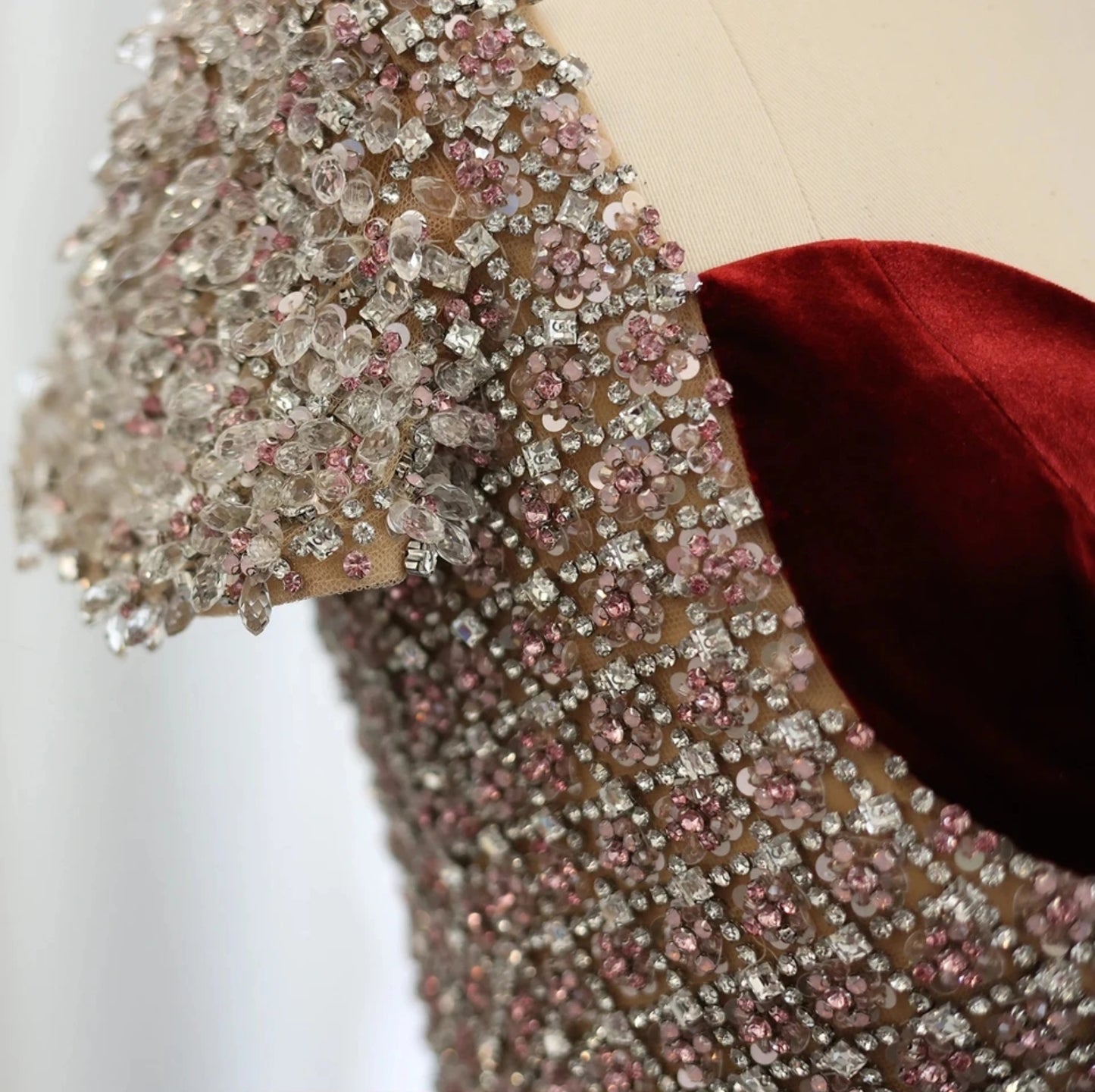 Multi Beaded Burgundy Red Velvet Sweetheart Cap Sleeve Trumpet Mother Of The Bride, Special Occasion Gown