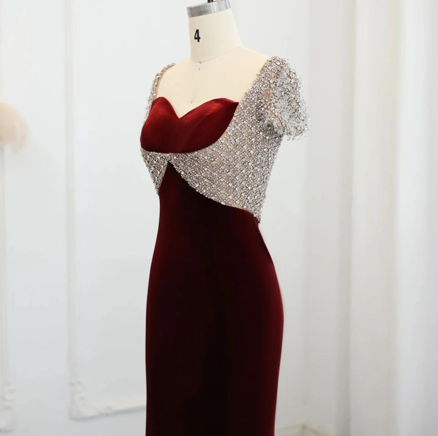 Multi Beaded Burgundy Red Velvet Sweetheart Cap Sleeve Trumpet Mother Of The Bride, Special Occasion Gown