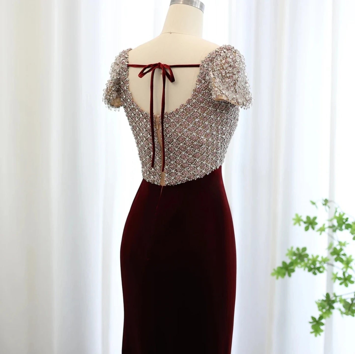 Multi Beaded Burgundy Red Velvet Sweetheart Cap Sleeve Trumpet Mother Of The Bride, Special Occasion Gown