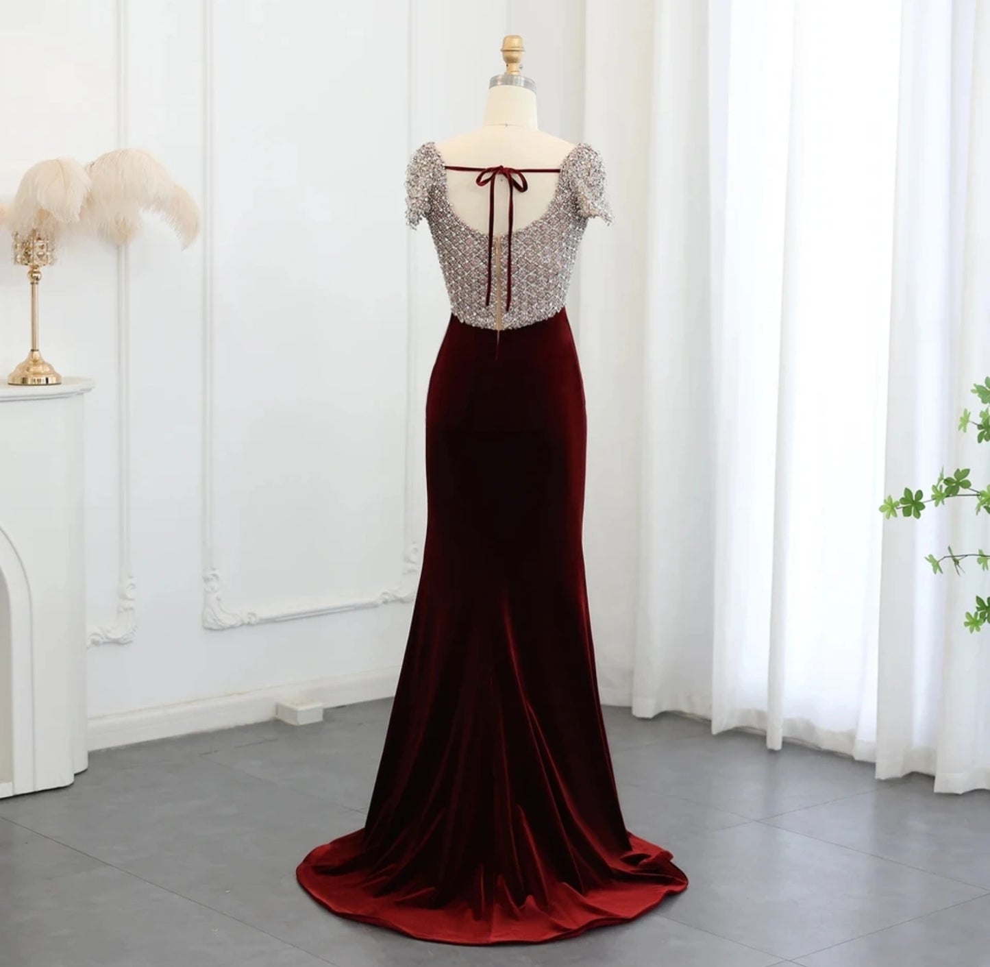 Multi Beaded Burgundy Red Velvet Sweetheart Cap Sleeve Trumpet Mother Of The Bride, Special Occasion Gown