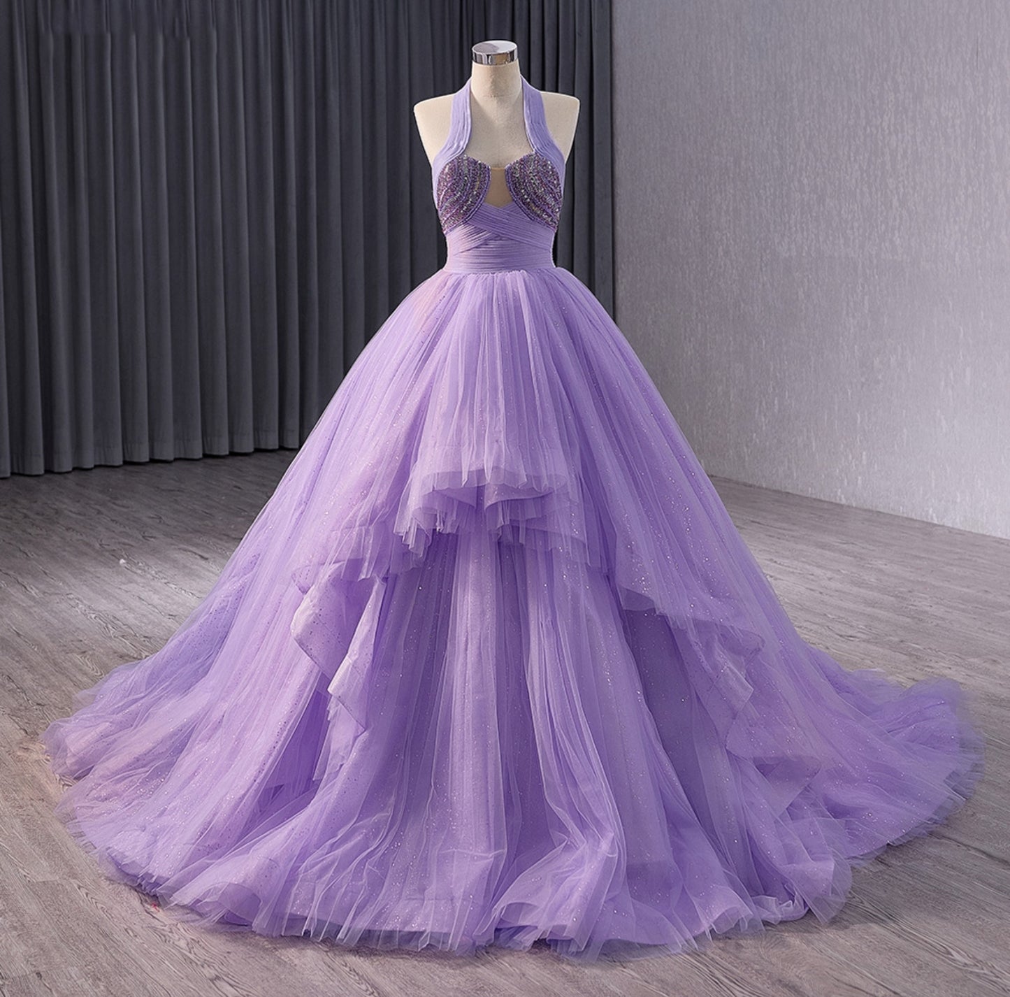 Halter Sweetheart Sequinned Layered Pleated Purple Quinceañera, Bat Mitzvah, Sweet 16, Pageant,  Special Occasion, Gala Event Ball Gown