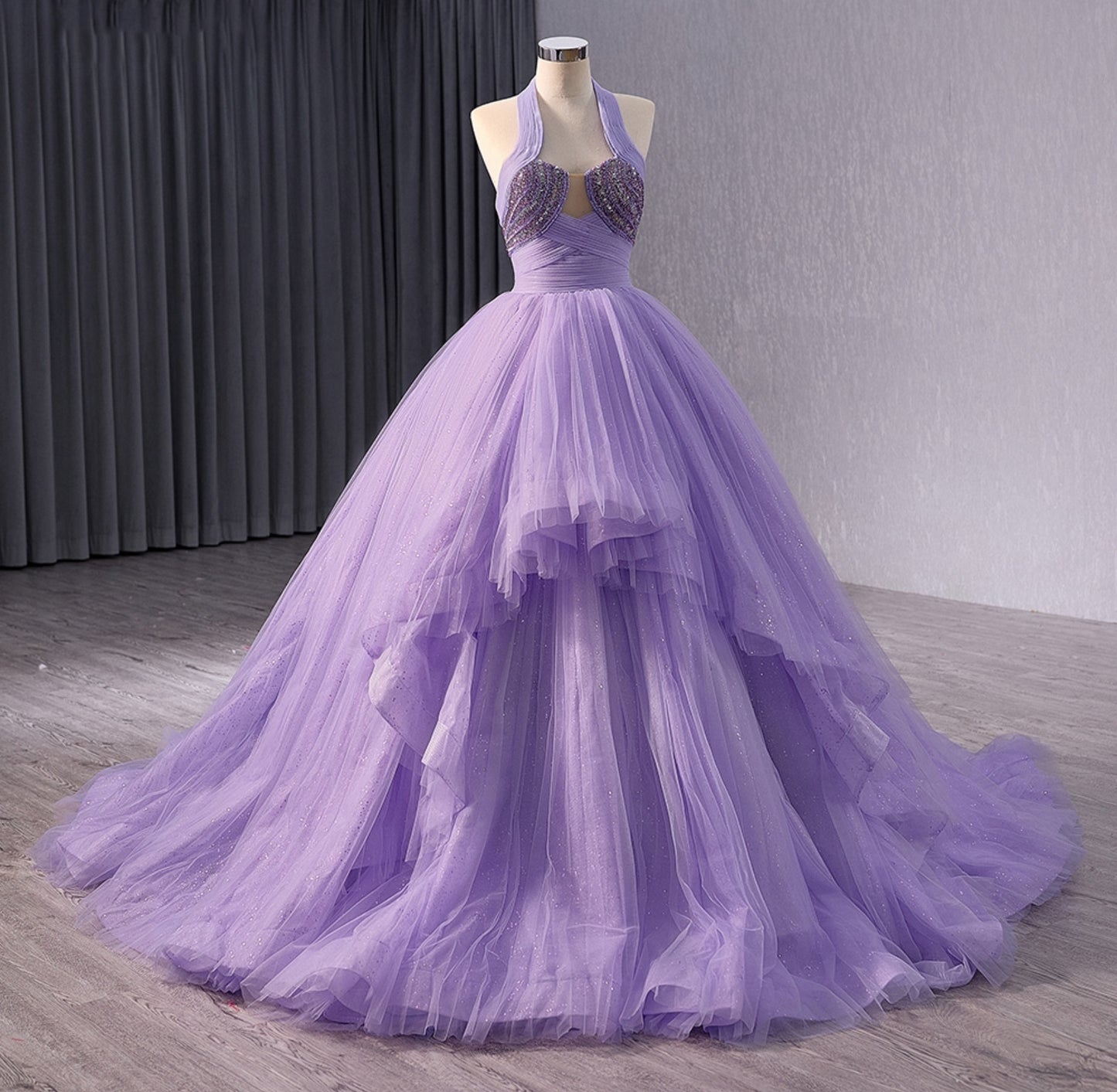 Halter Sweetheart Sequinned Layered Pleated Purple Quinceañera, Bat Mitzvah, Sweet 16, Pageant,  Special Occasion, Gala Event Ball Gown