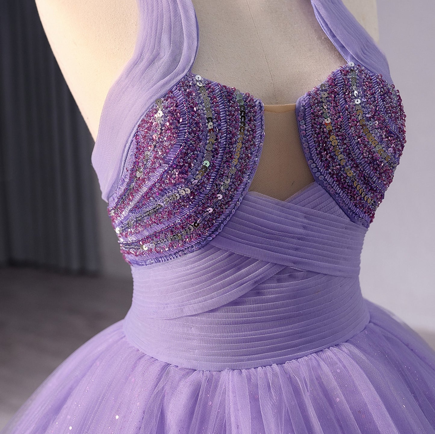 Halter Sweetheart Sequinned Layered Pleated Purple Quinceañera, Bat Mitzvah, Sweet 16, Pageant,  Special Occasion, Gala Event Ball Gown