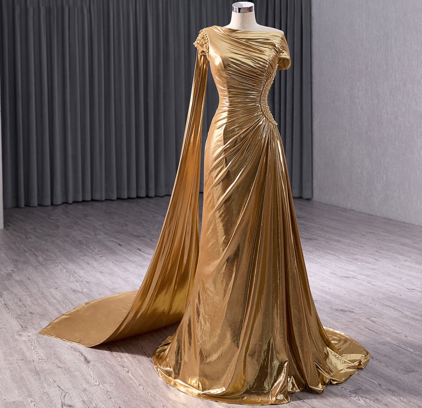 Gold Pleated Ruched Elegant Pearl & Multi Beaded Side Detail Trumpet Red Carpet, Gala, Special Occasion, Mother Of The Bride Gown With Draped Dramatic Trailing One Shoulder Train