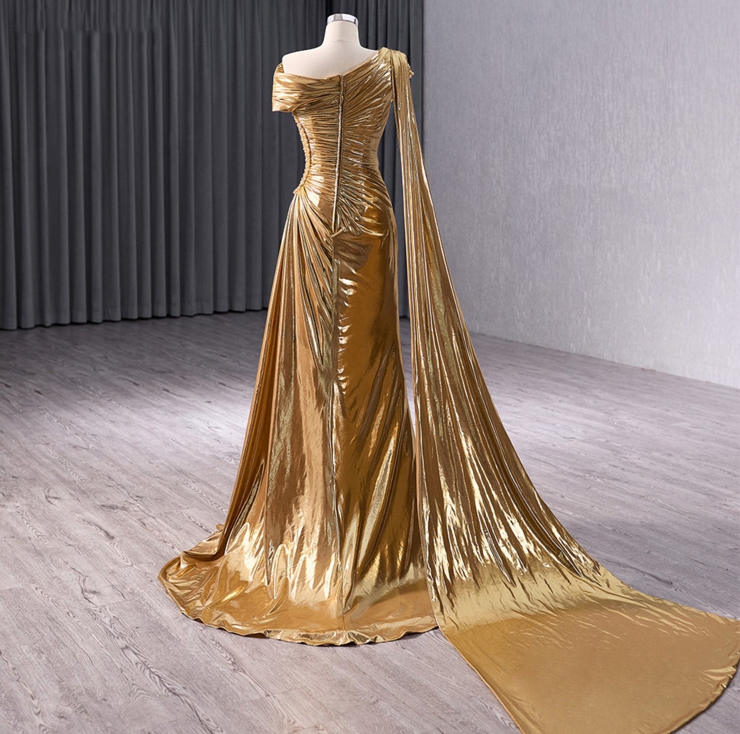 Gold Pleated Ruched Elegant Pearl & Multi Beaded Side Detail Trumpet Red Carpet, Gala, Special Occasion, Mother Of The Bride Gown With Draped Dramatic Trailing One Shoulder Train