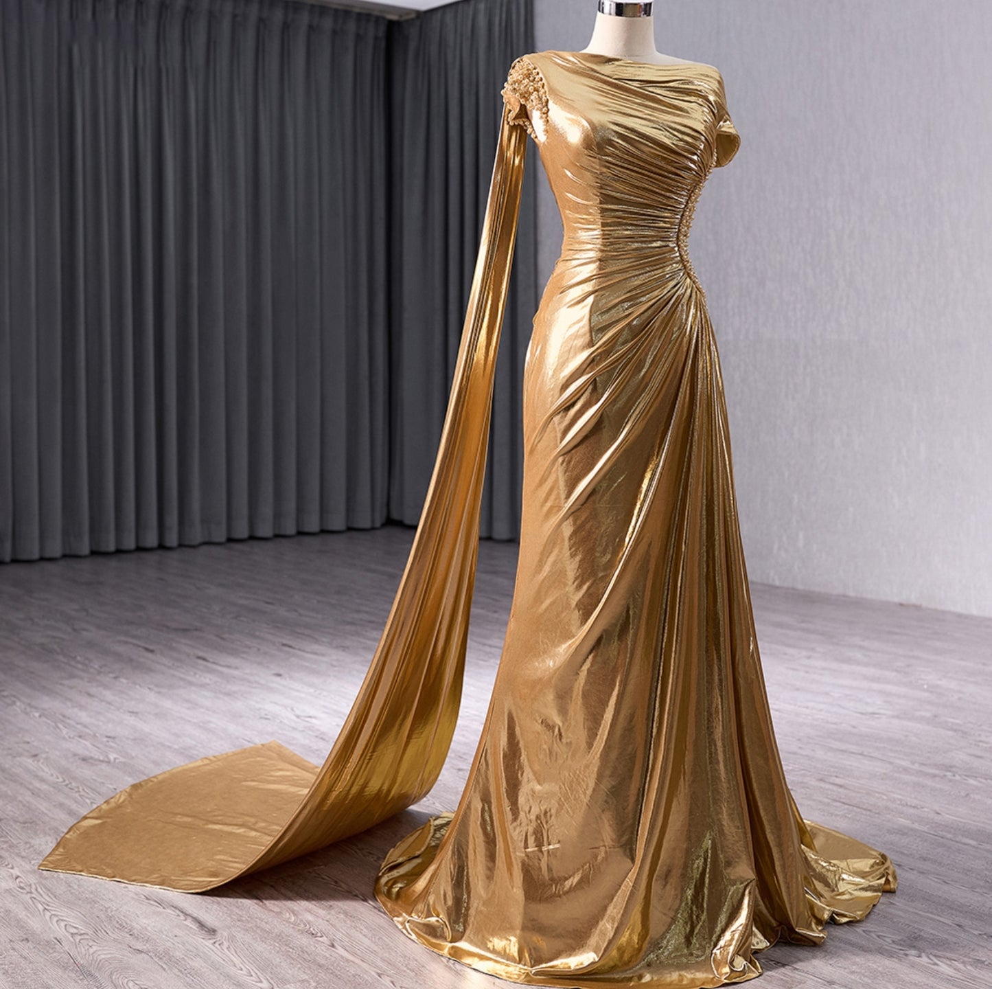 Gold Pleated Ruched Elegant Pearl & Multi Beaded Side Detail Trumpet Red Carpet, Gala, Special Occasion, Mother Of The Bride Gown With Draped Dramatic Trailing One Shoulder Train