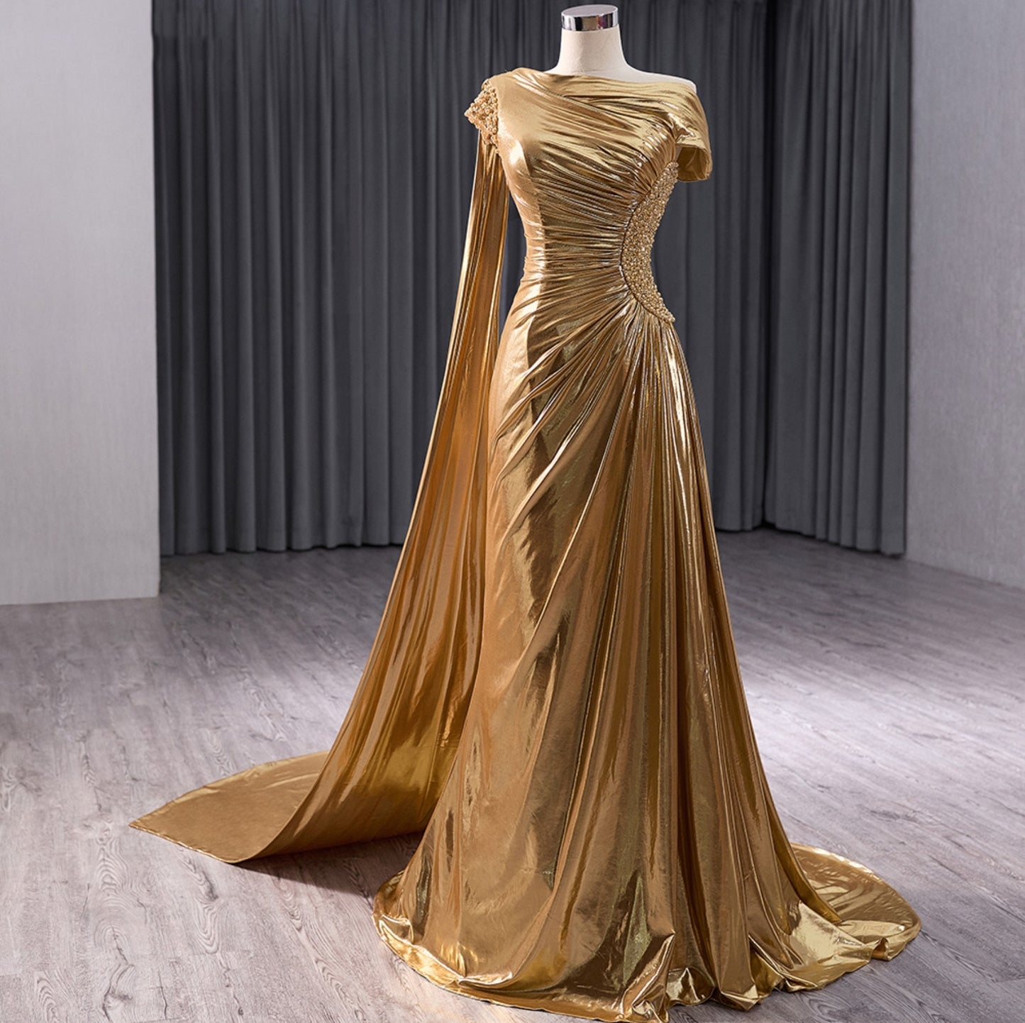 Gold Pleated Ruched Elegant Pearl & Multi Beaded Side Detail Trumpet Red Carpet, Gala, Special Occasion, Mother Of The Bride Gown With Draped Dramatic Trailing One Shoulder Train