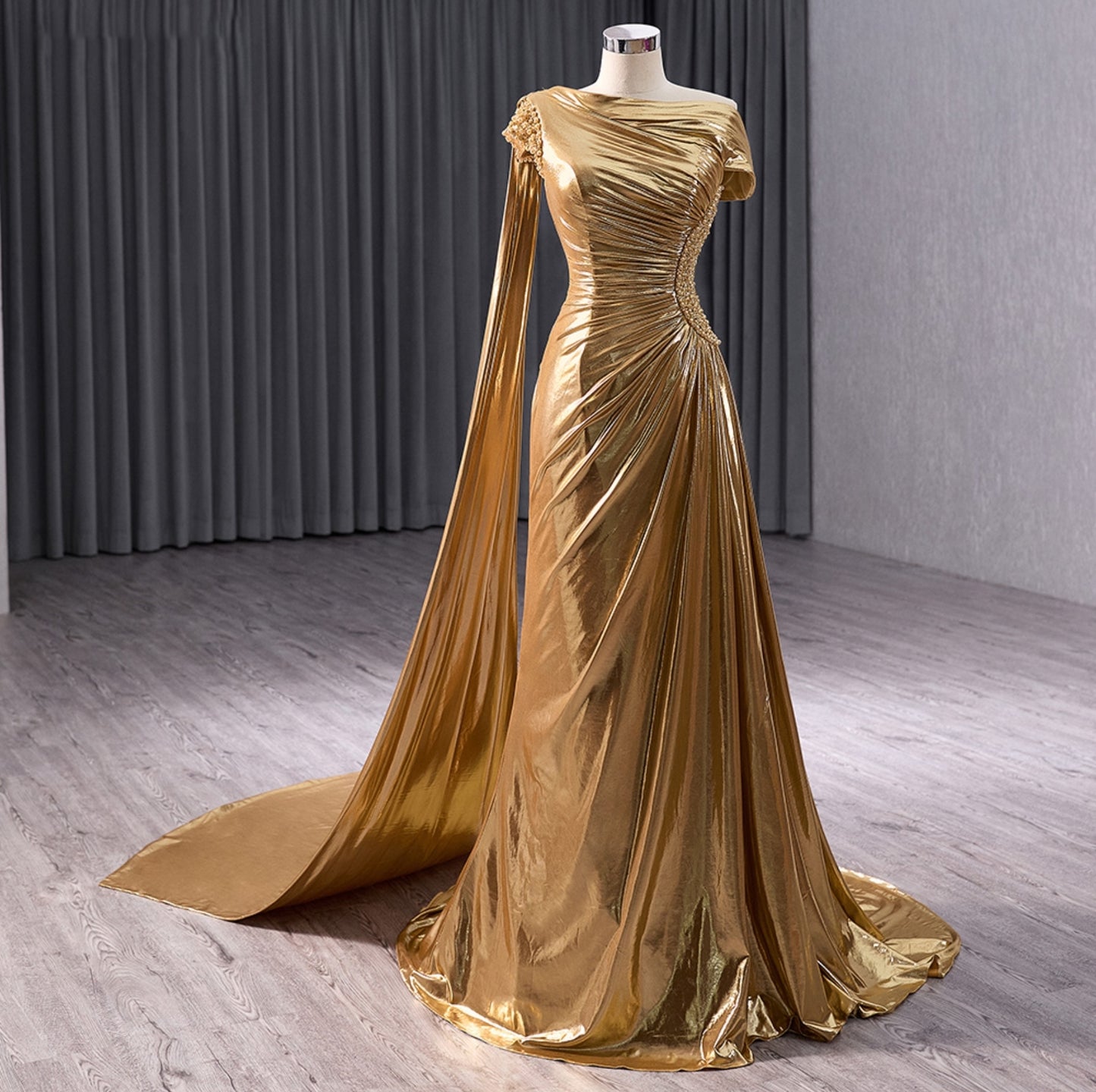 Gold Pleated Ruched Elegant Pearl & Multi Beaded Side Detail Trumpet Red Carpet, Gala, Special Occasion, Mother Of The Bride Gown With Draped Dramatic Trailing One Shoulder Train