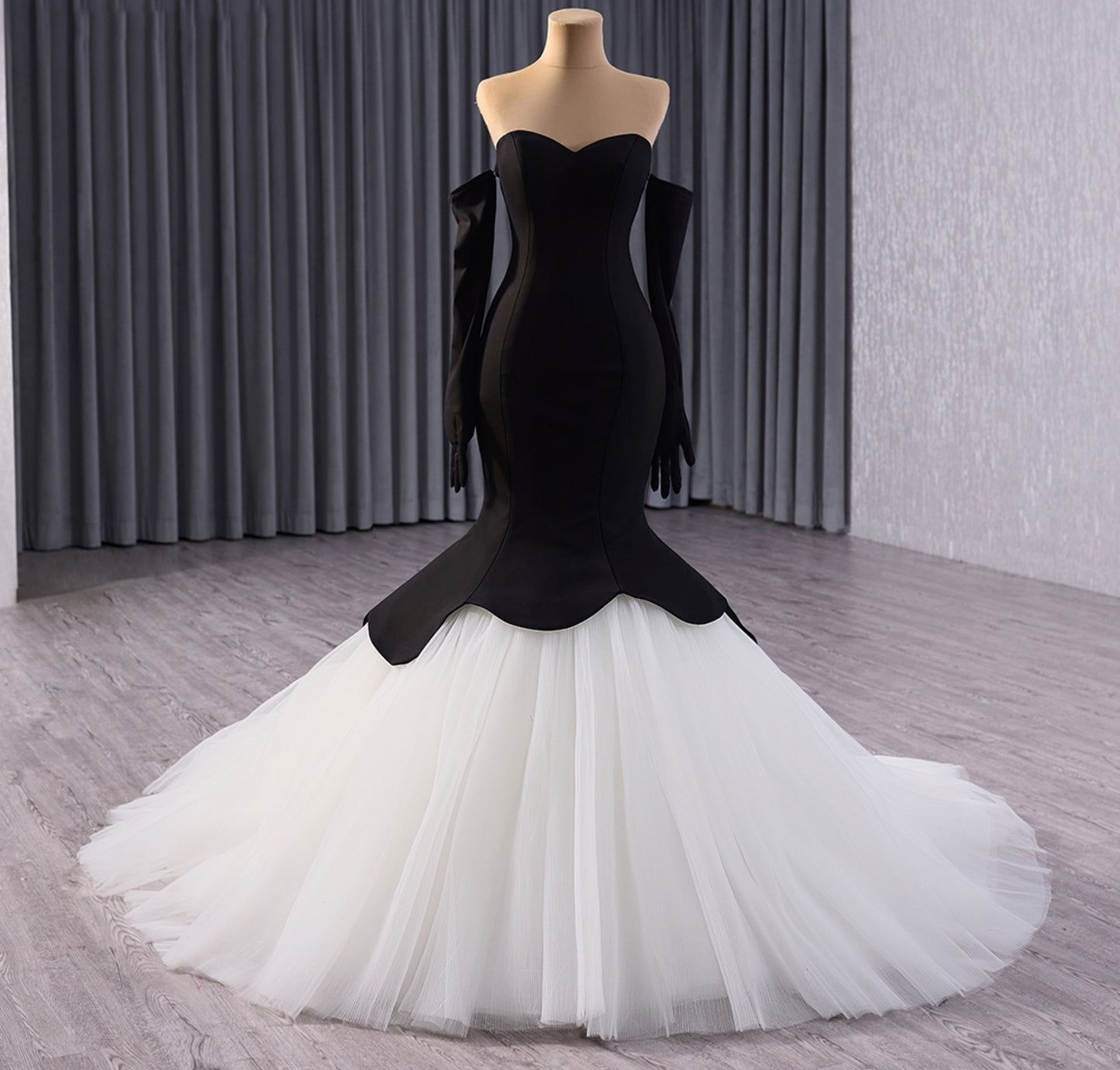 Strapless Sweetheart Black Fit To Flare Special Occasion Gown With Layered Tulle Hem And Matching Black Detached Gloves