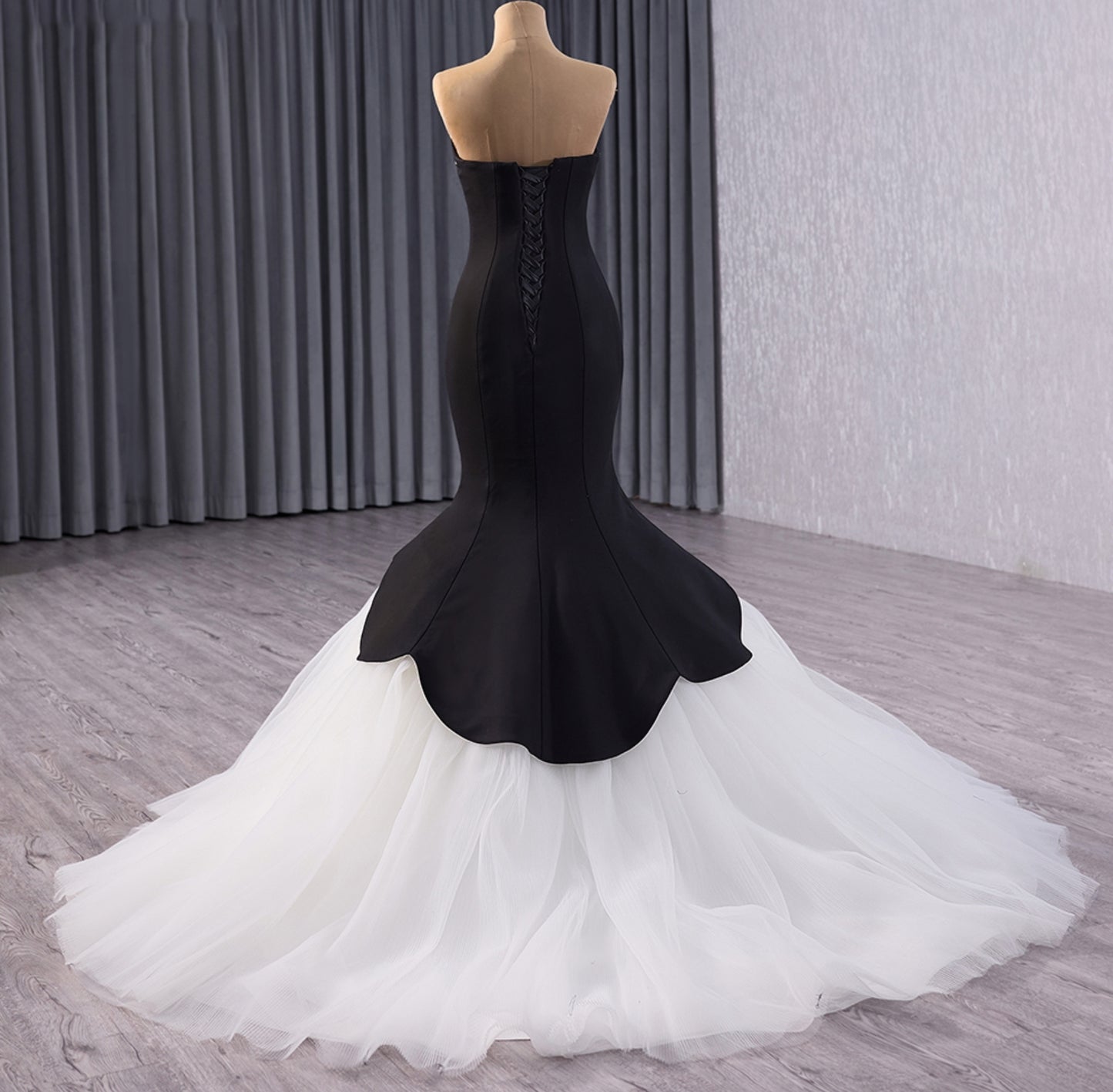 Strapless Sweetheart Black Fit To Flare Special Occasion Gown With Layered Tulle Hem And Matching Black Detached Gloves