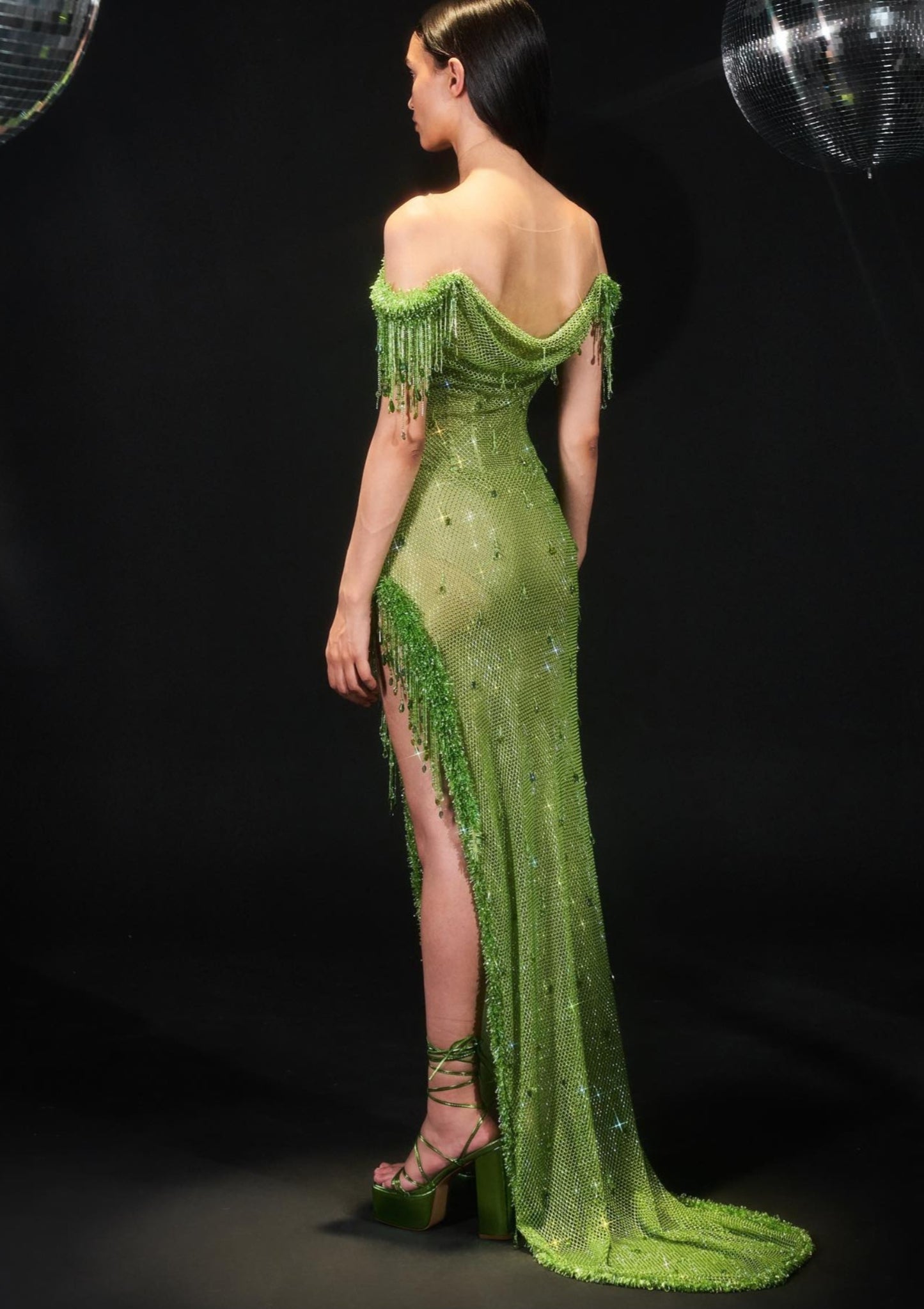 Off The Shoulder Draped Multi Crystal Beaded Corset Sage Green Scoop Neck Sexy Special Occasion, Red Carpet, Event, Gala Dress