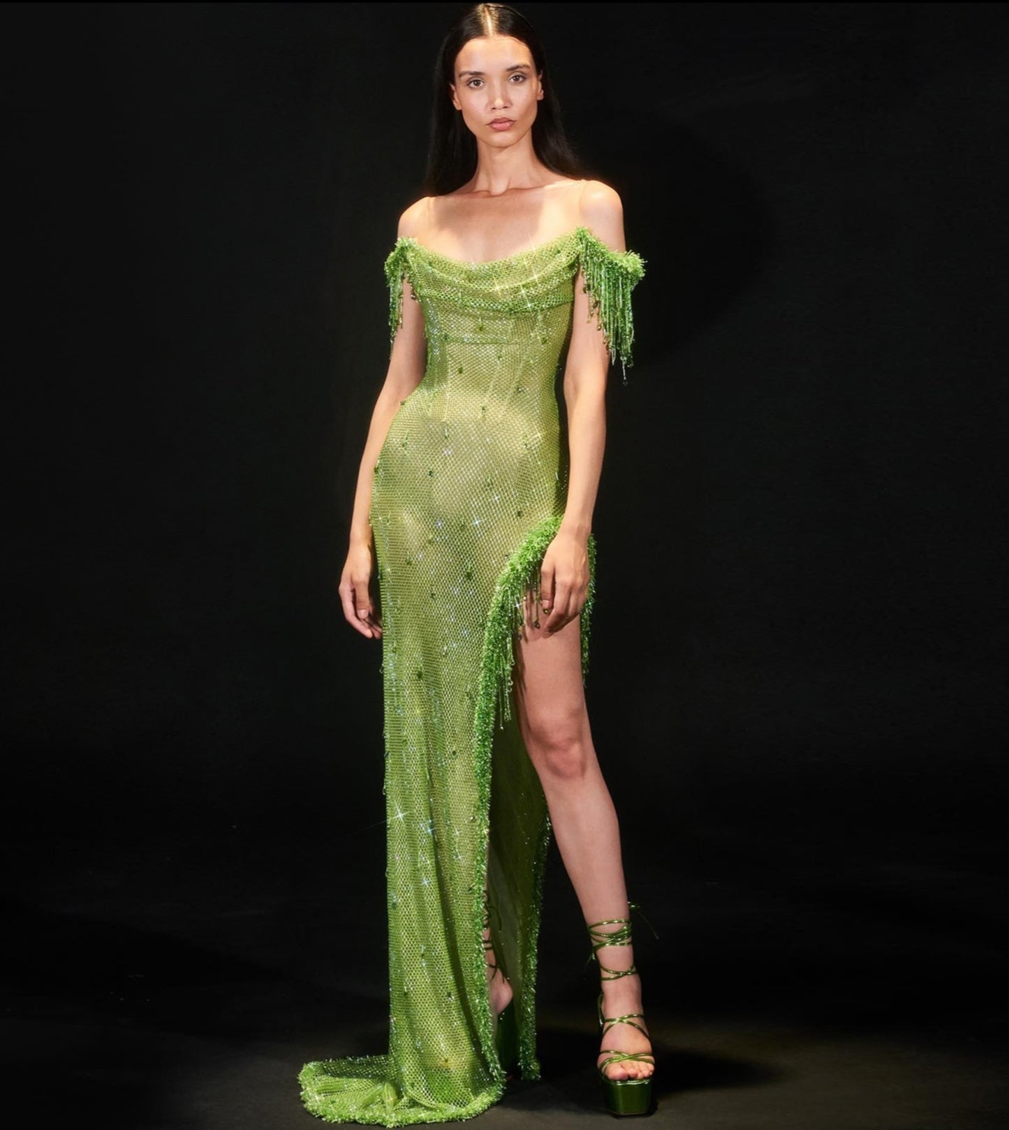 Off The Shoulder Draped Multi Crystal Beaded Corset Sage Green Scoop Neck Sexy Special Occasion, Red Carpet, Event, Gala Dress