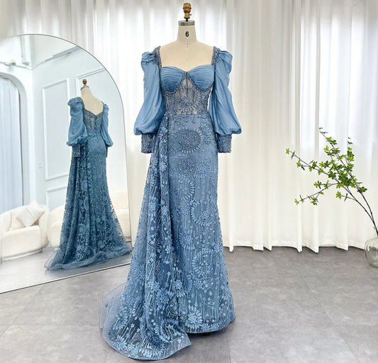 Long Sleeve Blue Floral Multi Beaded Embellished Sweetheart Pleated Special Occasion, Mother Of The Bride, Event, Gala, Dubai Inspired Gown